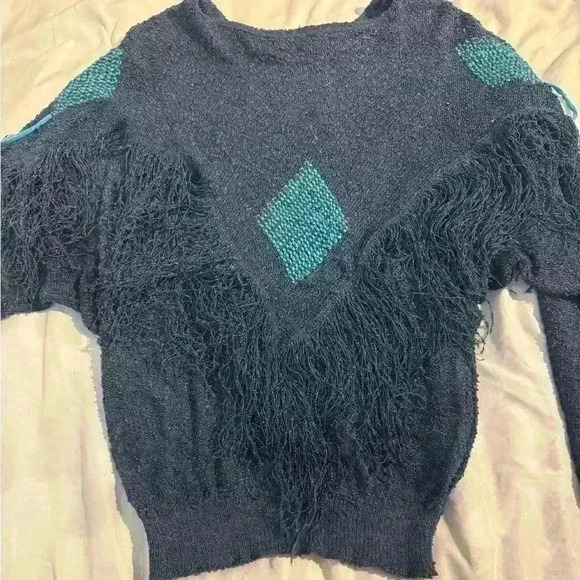 French Rags Sweater Womens Small 2 Blue Knit Embroidered Fringe Boho Festival - Picture 1 of 10